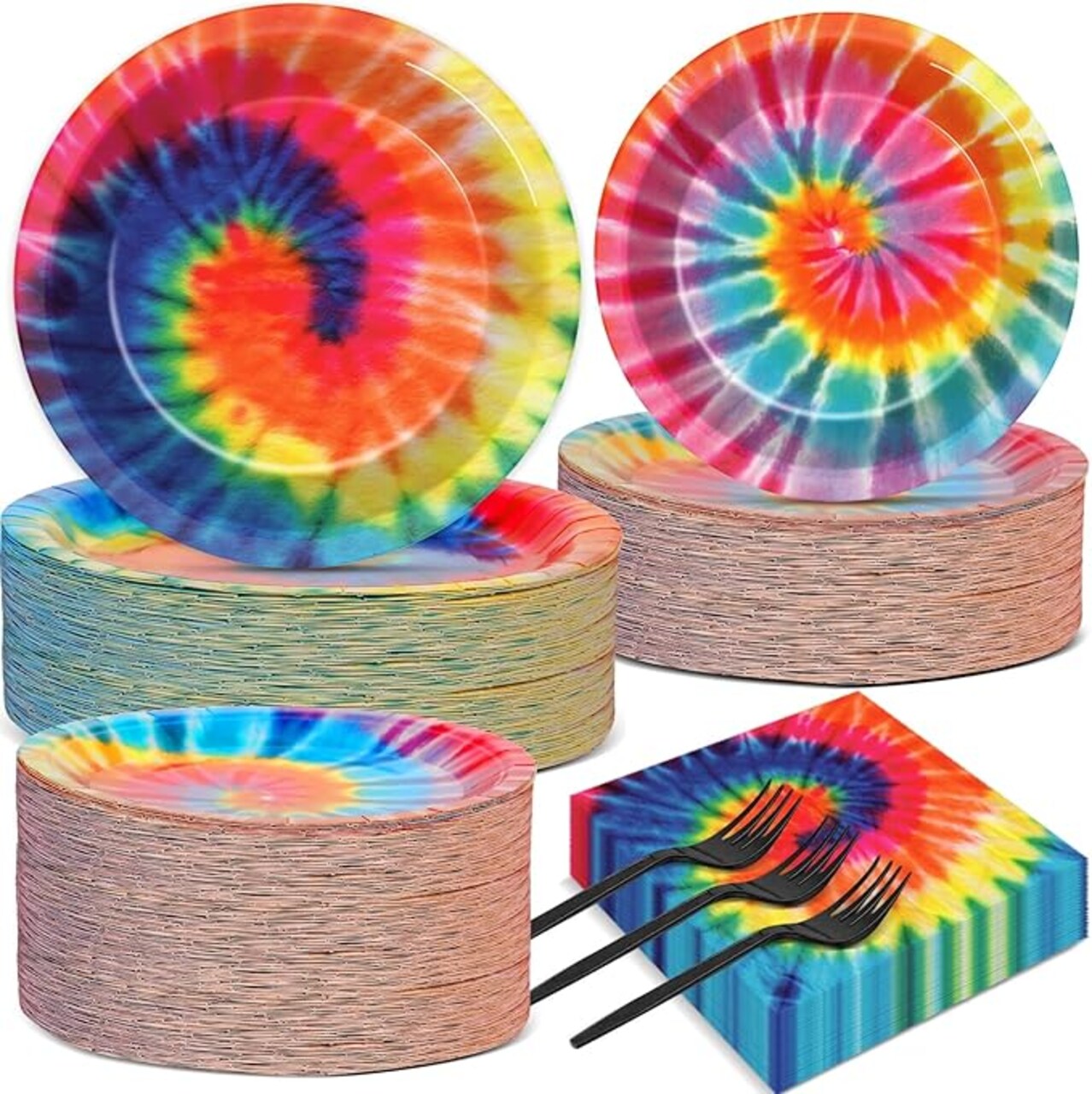 200-Piece Tie-Dye Party Tableware Set for 50 Guests – Includes Colorful Plates, Napkins, and Disposable Dinnerware. Perfect for Tie-Dye Themed Parties, Birthdays, Baby Showers, Graduations, and Fun Celebrations.